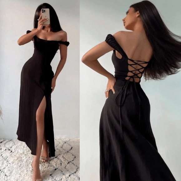 Zara Black Midi Dress Shoestring Tie Back Linen Blend Side Slit Sz S - Picture 1 of 17